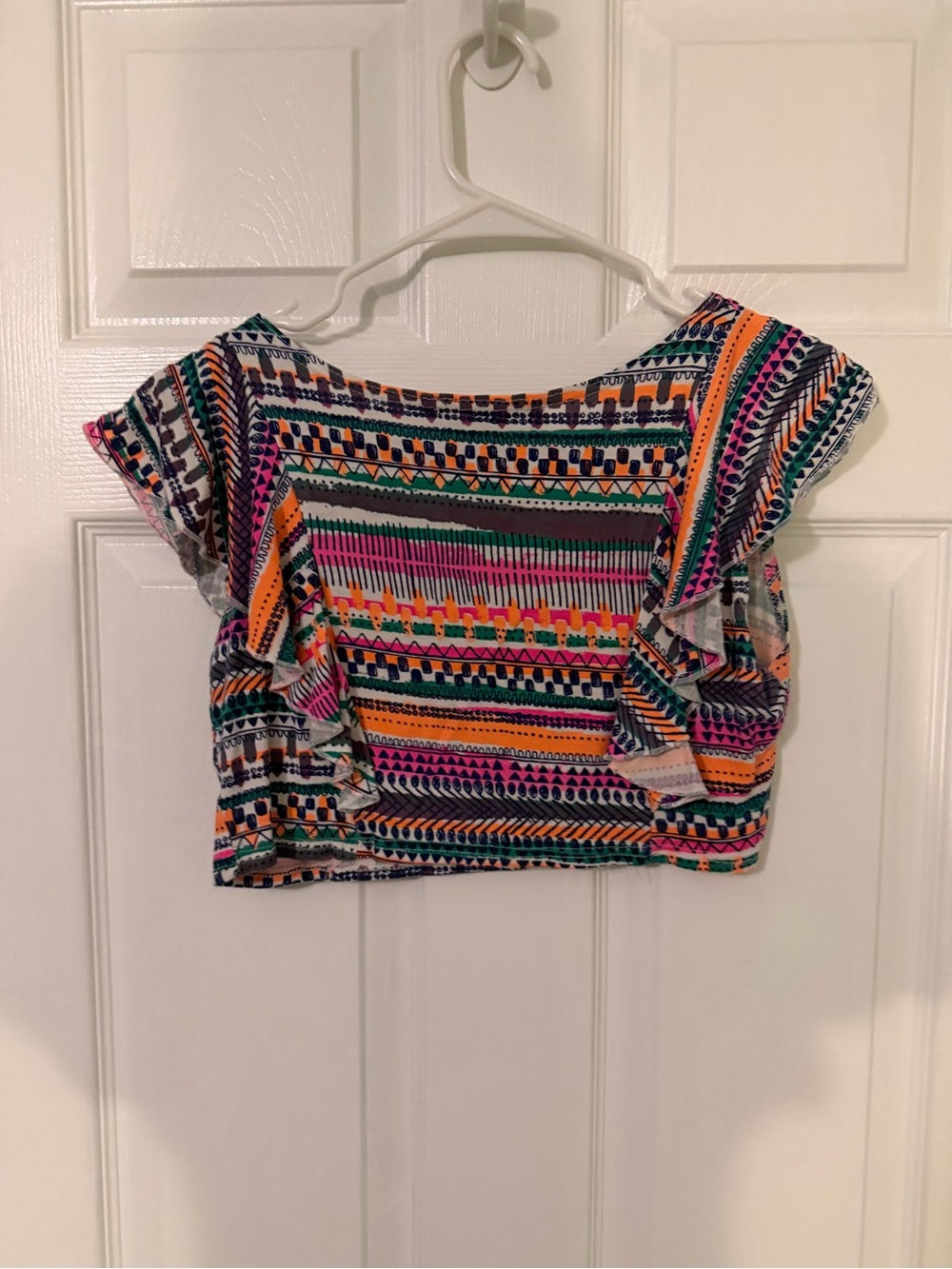 Boohoo Multi-Color Tribal Print Ruffle Detail Top